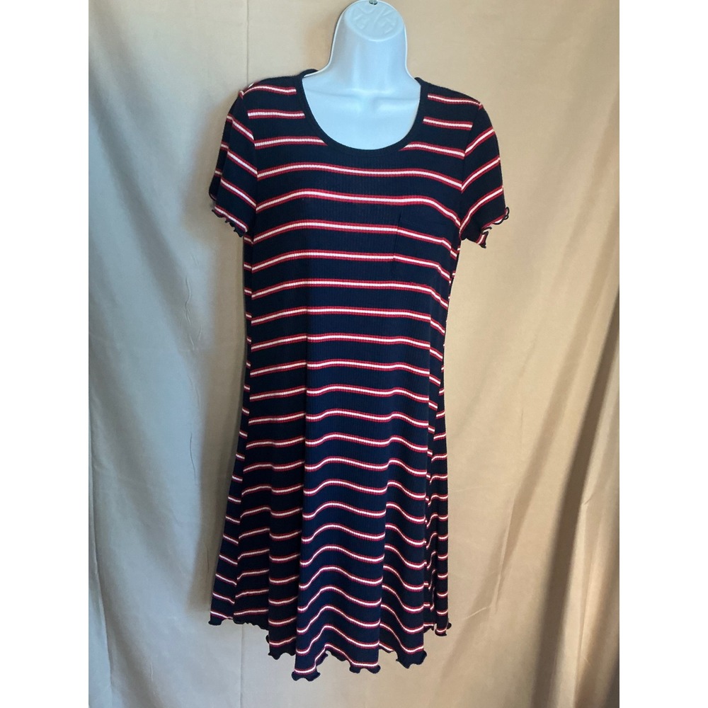 Mossimo Striped T-Shirt Dress Womens Medium Navy Excellent Ribbed Lettuce Trim